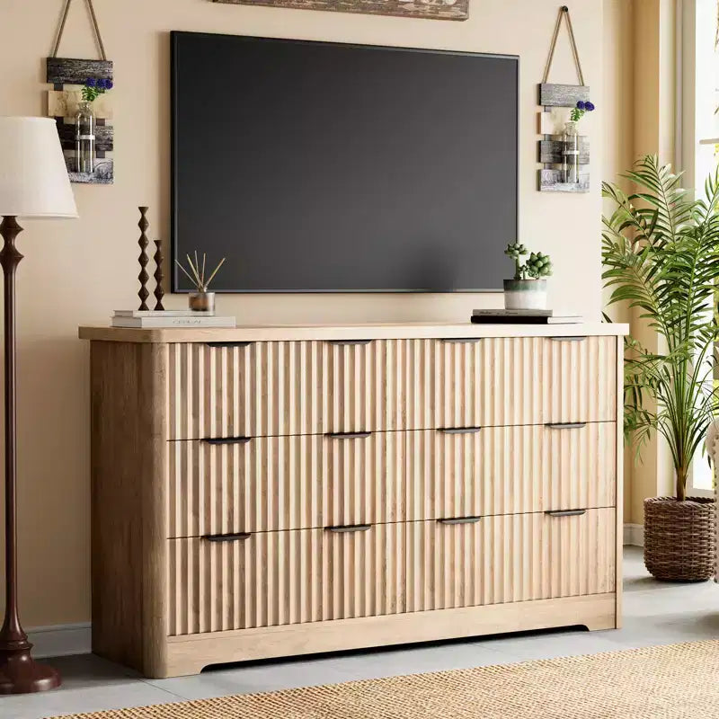 Yivli 6 Çekmeceli Modern Şifonyer, Geniş Üstü Dayanıklı Çekmecelerle TV Sehpası Düzenleyici