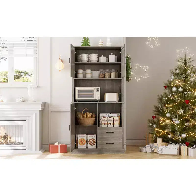 Moderner Küchenschrank mit Mikrowellenfach, hoher Holz-Bar-Schrank mit Schubladen und verstellbaren Regalen für Ess- und Wohnzimmer, Pastoralgrau