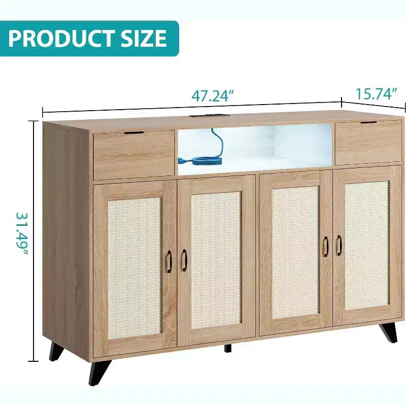 Rattan-Sideboard-Buffetschrank mit 2 Schubladen, Boho-Holzsideboard mit Ladestation und LED-Beleuchtung, für Wohnzimmer  