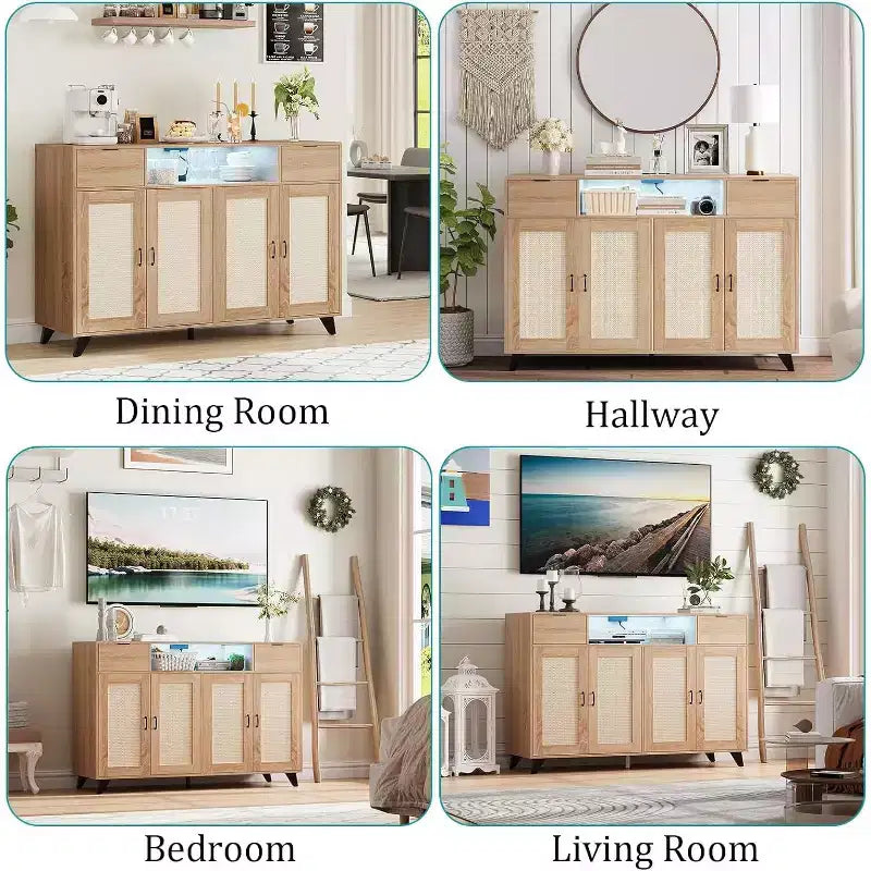 Rotan dressoir buffetkast met 2 lades, boho houten dressoir met oplaadstation en LED-verlichting, voor woonkamer