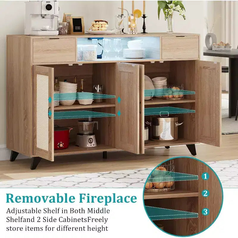 Rattan-Sideboard-Buffetschrank mit 2 Schubladen, Boho-Holzsideboard mit Ladestation und LED-Beleuchtung, für Wohnzimmer  