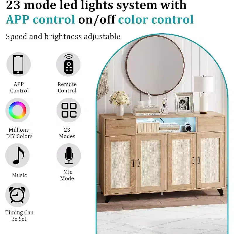 Rotan dressoir buffetkast met 2 lades, boho houten dressoir met oplaadstation en LED-verlichting, voor woonkamer