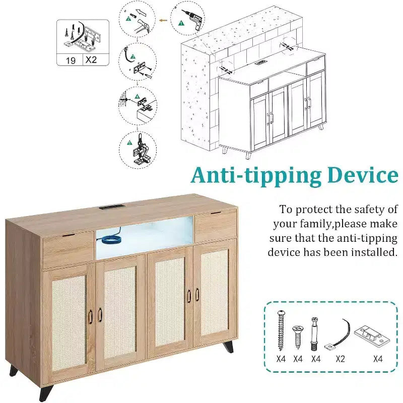 Rotan dressoir buffetkast met 2 lades, boho houten dressoir met oplaadstation en LED-verlichting, voor woonkamer