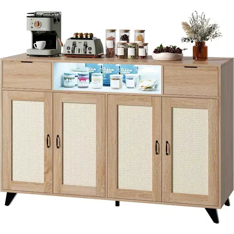 Rotan dressoir buffetkast met 2 lades, boho houten dressoir met oplaadstation en LED-verlichting, voor woonkamer
