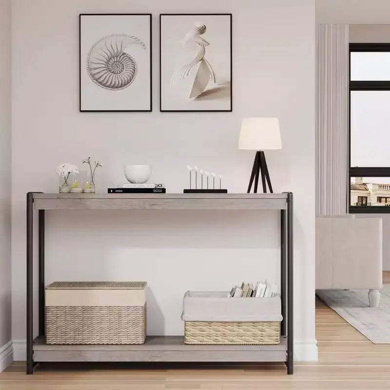 2-laags sidetable met open plank, rustieke landelijke stijl, walnootbruin