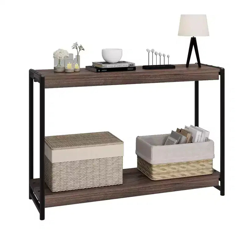2-laags sidetable met open plank, rustieke landelijke stijl, walnootbruin
