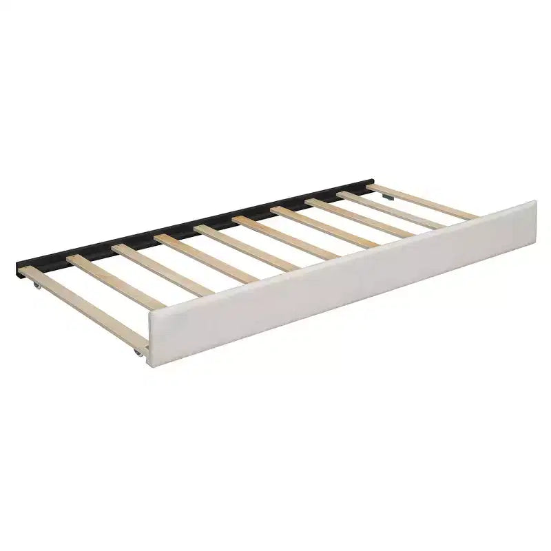 Gepolstertes Queen-Size-Bettgestell mit Stauraumschubladen, Regalen, Ausziehbett & Leselampen  