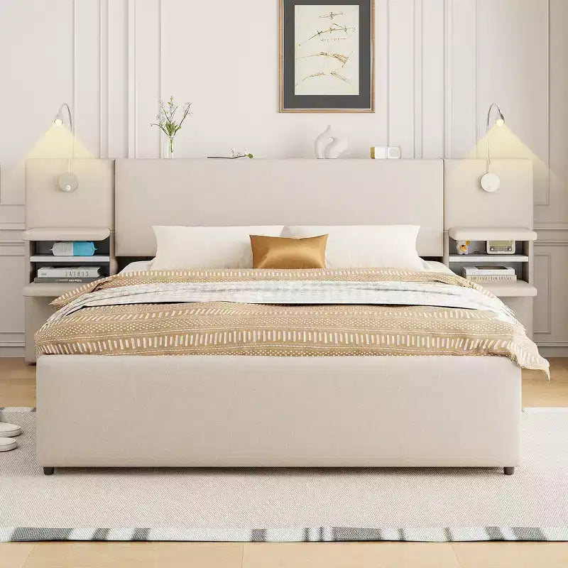 Gepolstertes Queen-Size-Bettgestell mit Stauraumschubladen, Regalen, Ausziehbett & Leselampen  