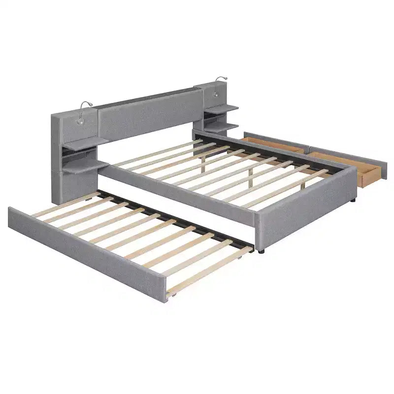 Gepolstertes Queen-Size-Bettgestell mit Stauraumschubladen, Regalen, Ausziehbett & Leselampen  