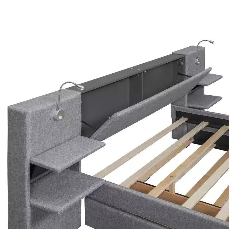 Gepolstertes Queen-Size-Bettgestell mit Stauraumschubladen, Regalen, Ausziehbett & Leselampen  