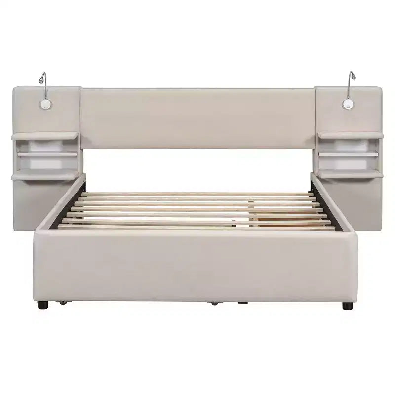 Gepolstertes Queen-Size-Bettgestell mit Stauraumschubladen, Regalen, Ausziehbett & Leselampen  