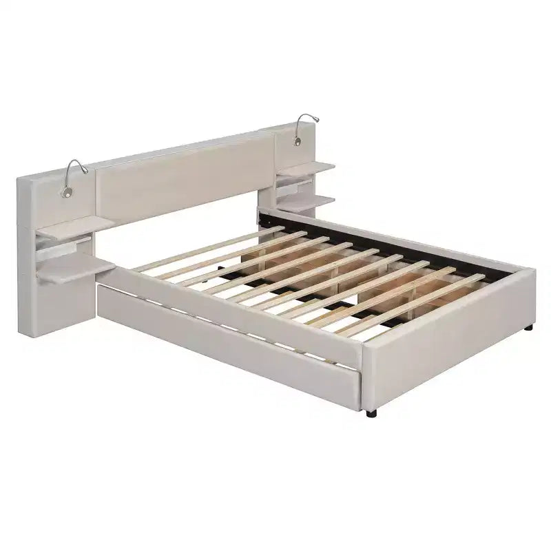Gepolstertes Queen-Size-Bettgestell mit Stauraumschubladen, Regalen, Ausziehbett & Leselampen  