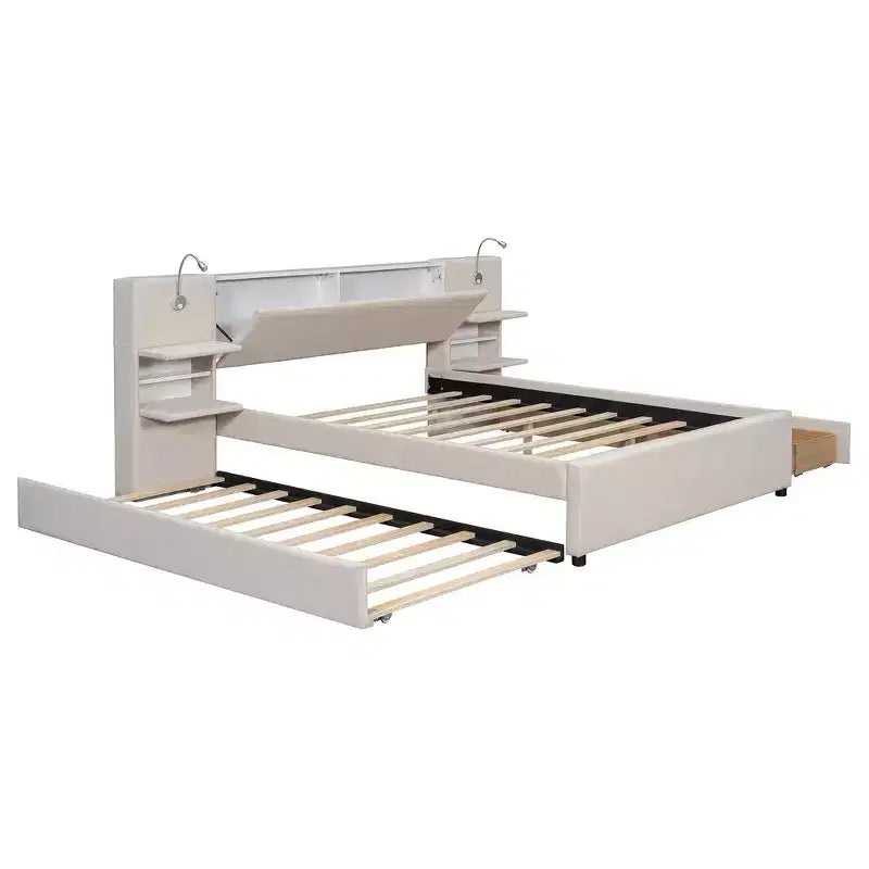 Gepolstertes Queen-Size-Bettgestell mit Stauraumschubladen, Regalen, Ausziehbett & Leselampen  