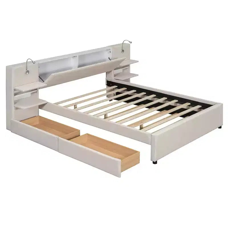 Gepolstertes Queen-Size-Bettgestell mit Stauraumschubladen, Regalen, Ausziehbett & Leselampen  