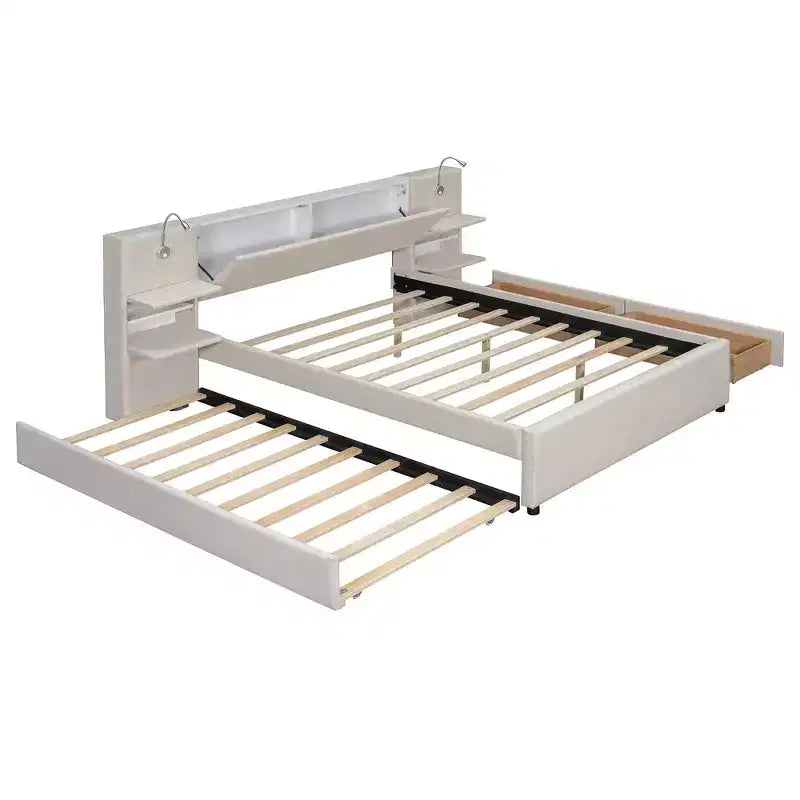 Gepolstertes Queen-Size-Bettgestell mit Stauraumschubladen, Regalen, Ausziehbett & Leselampen  