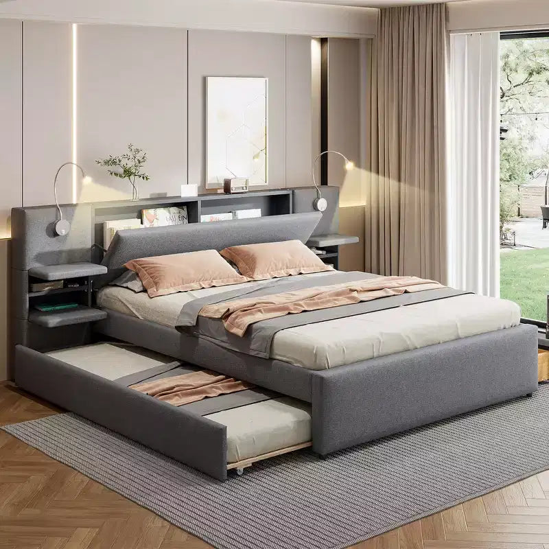 Gepolstertes Queen-Size-Bettgestell mit Stauraumschubladen, Regalen, Ausziehbett & Leselampen  