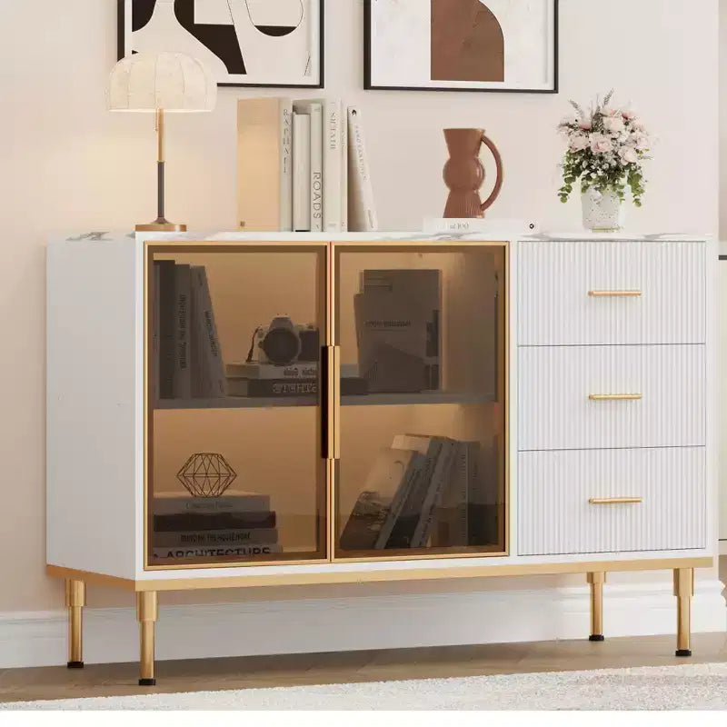 Sideboard Cabinet with Faux Marble Top and Glass Doors, Buffet Table for Dining Room