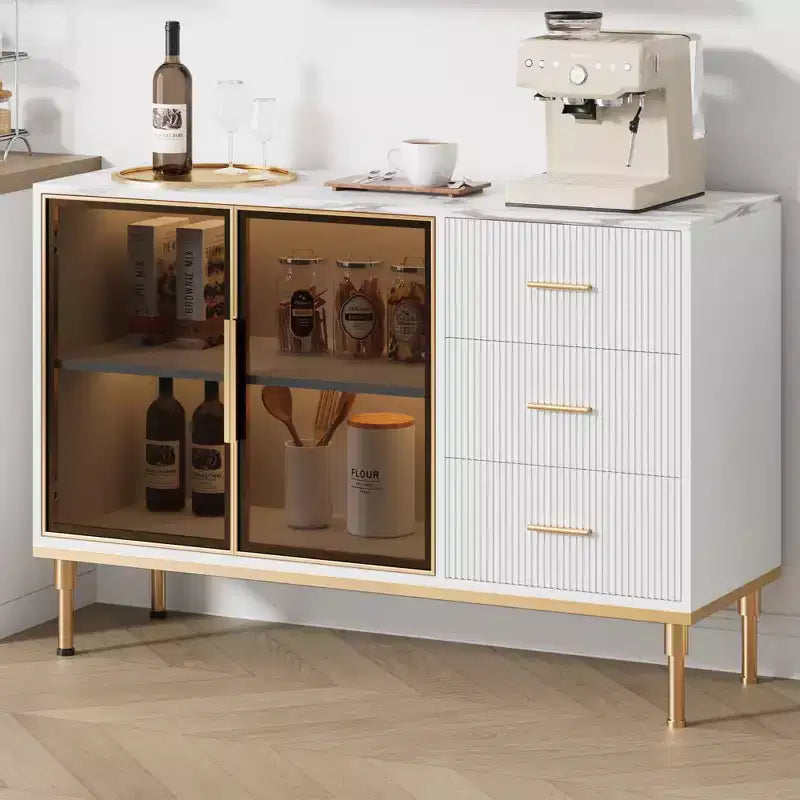 Sideboard Cabinet with Faux Marble Top and Glass Doors, Buffet Table for Dining Room
