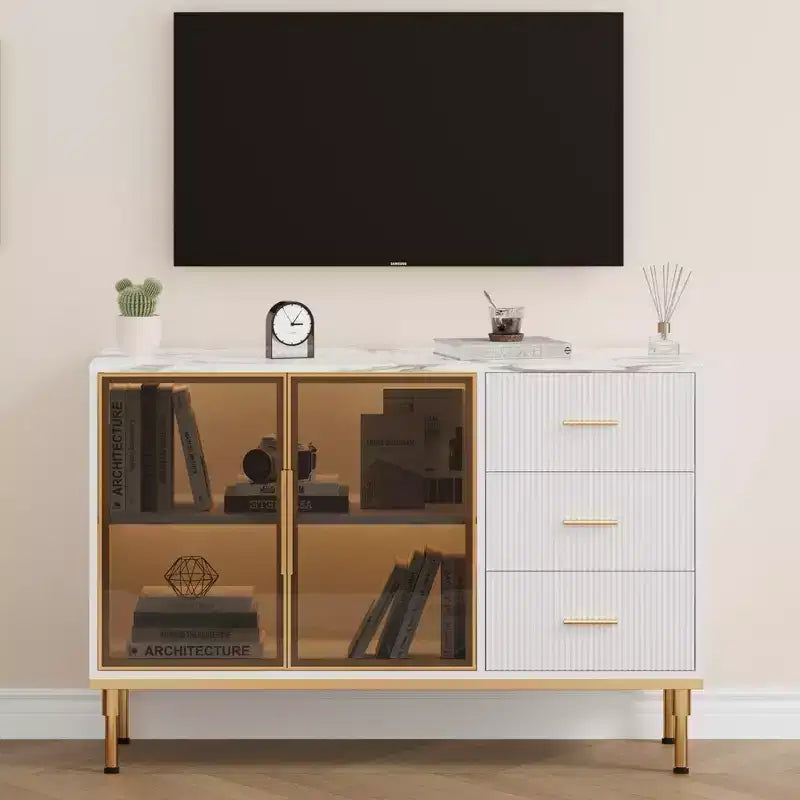 Sideboard Cabinet with Faux Marble Top and Glass Doors, Buffet Table for Dining Room