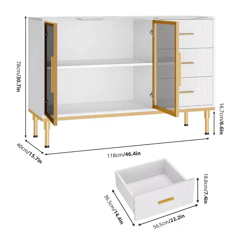 Sideboard Cabinet with Faux Marble Top and Glass Doors, Buffet Table for Dining Room
