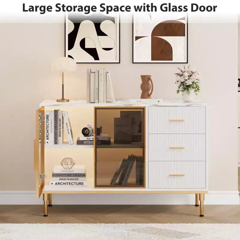Sideboard Cabinet with Faux Marble Top and Glass Doors, Buffet Table for Dining Room