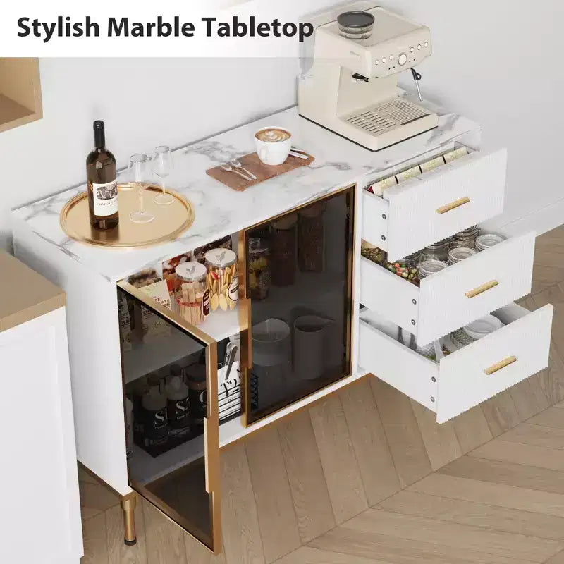Sideboard Cabinet with Faux Marble Top and Glass Doors, Buffet Table for Dining Room