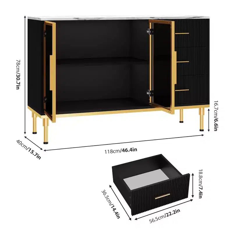 Sideboard Cabinet with Faux Marble Top and Glass Doors, Buffet Table for Dining Room