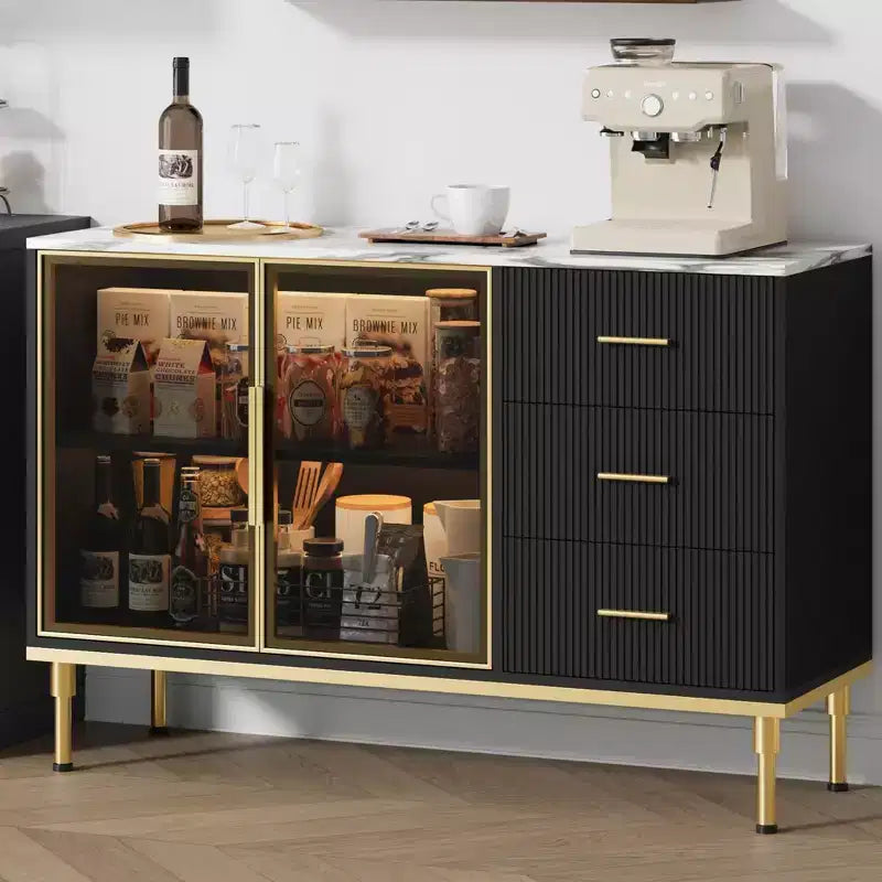 Sideboard Cabinet with Faux Marble Top and Glass Doors, Buffet Table for Dining Room