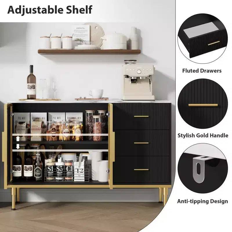 Sideboard Cabinet with Faux Marble Top and Glass Doors, Buffet Table for Dining Room