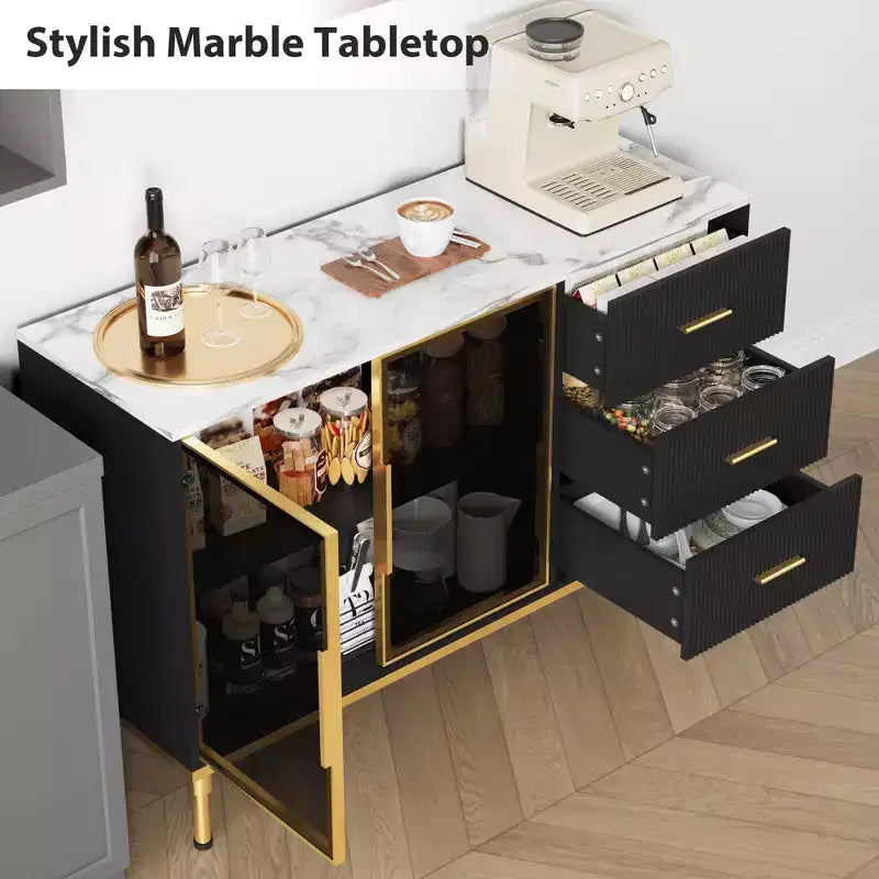 Sideboard Cabinet with Faux Marble Top and Glass Doors, Buffet Table for Dining Room