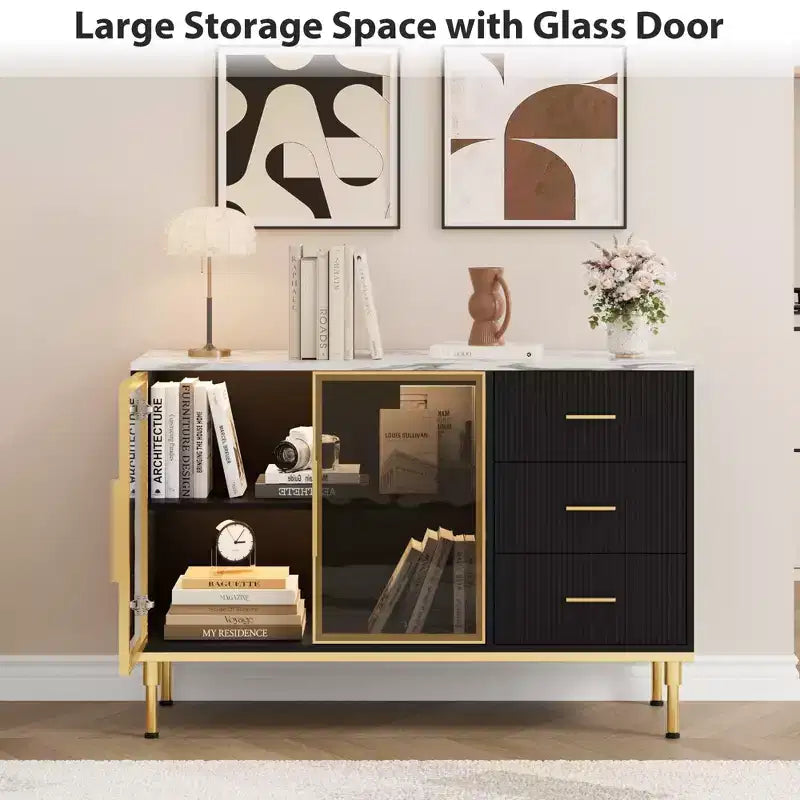 Sideboard Cabinet with Faux Marble Top and Glass Doors, Buffet Table for Dining Room