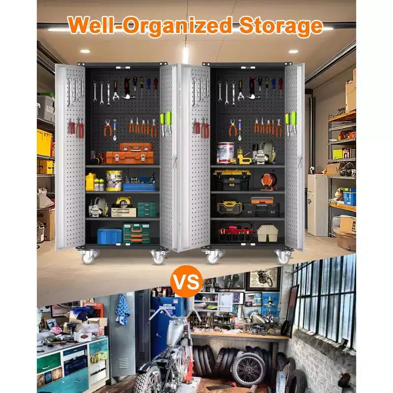Armadio Porta Attrezzi in Metallo con Ruote, Mobiletto Bloccabile con 4 Mensole Regolabili per Garage e Dispensa