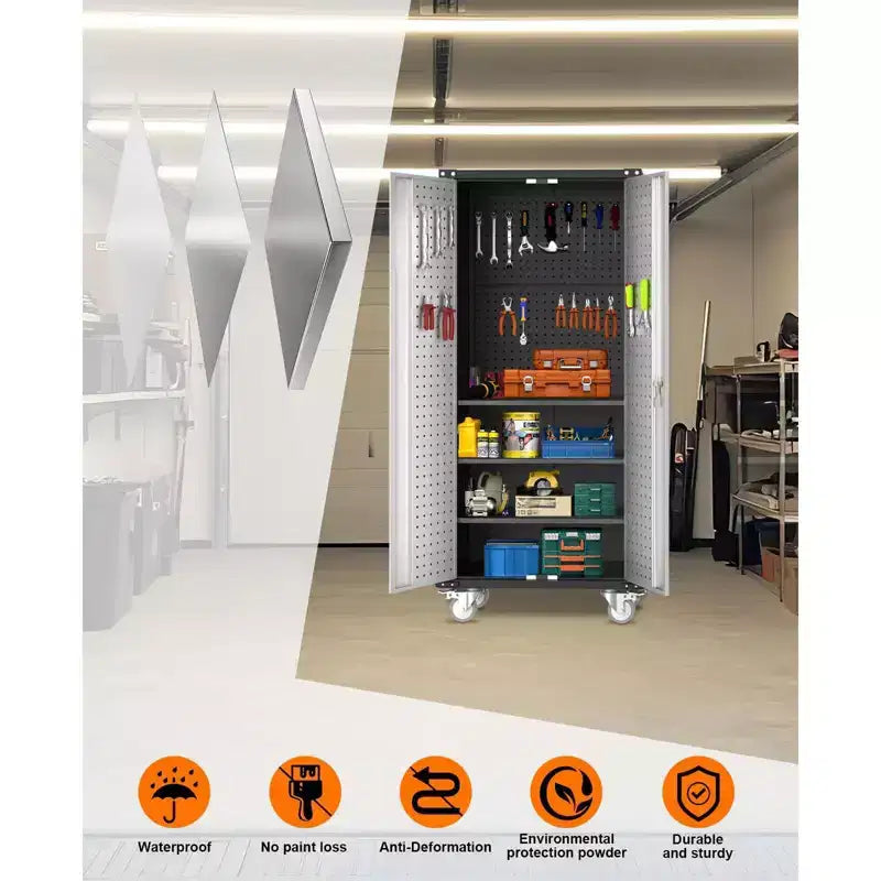 Armadio Porta Attrezzi in Metallo con Ruote, Mobiletto Bloccabile con 4 Mensole Regolabili per Garage e Dispensa