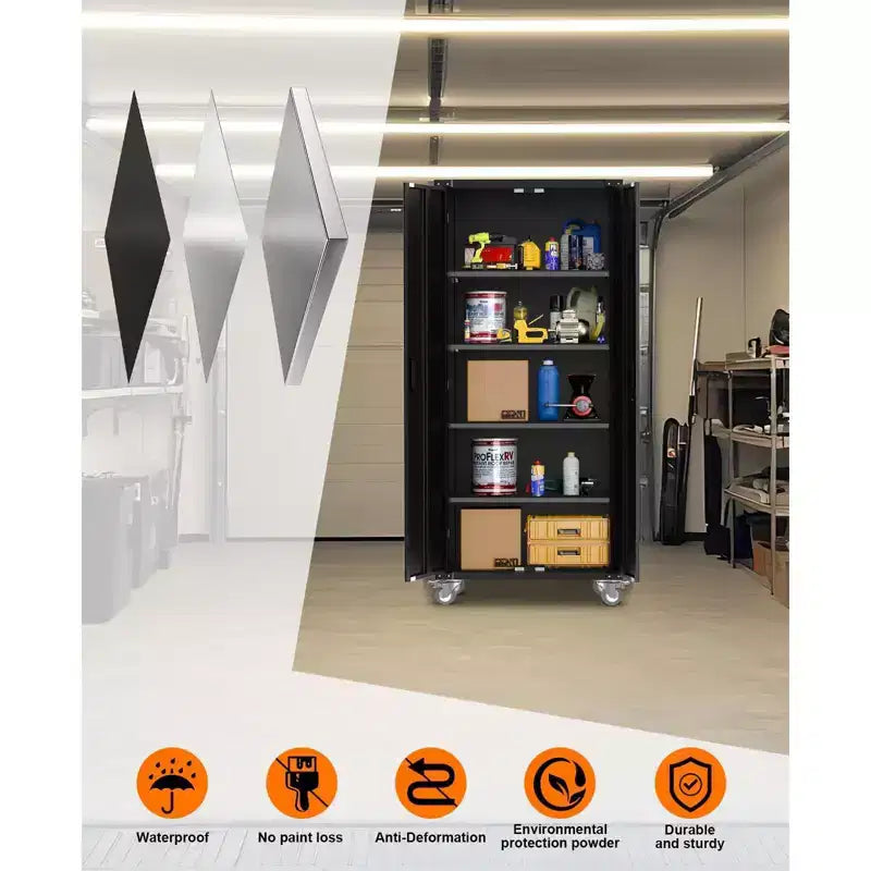 Armadio Porta Attrezzi in Metallo con Ruote, Mobiletto Bloccabile con 4 Mensole Regolabili per Garage e Dispensa