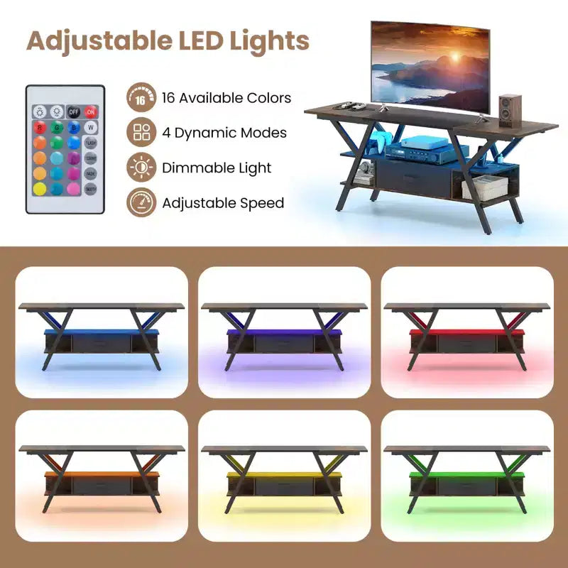 Mobile Porta TV a 3 Ripiani con Luci LED e Prese di Corrente per TV da 65", Telecomando, Nero/Marrone