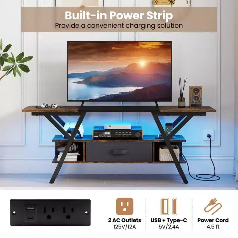 Mobile Porta TV a 3 Ripiani con Luci LED e Prese di Corrente per TV da 65", Telecomando, Nero/Marrone