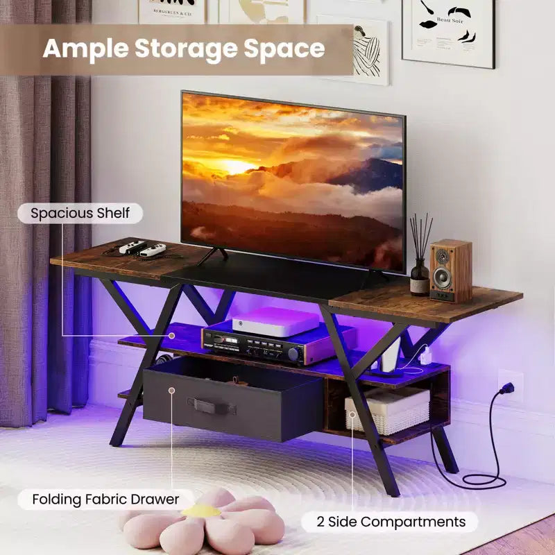 Mobile Porta TV a 3 Ripiani con Luci LED e Prese di Corrente per TV da 65", Telecomando, Nero/Marrone
