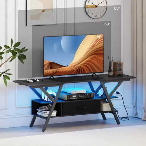 3-stufiger TV-Ständer mit LED-Beleuchtung und Steckdosen für 65"-Fernseher, Fernbedienung, Schwarz/Braun  