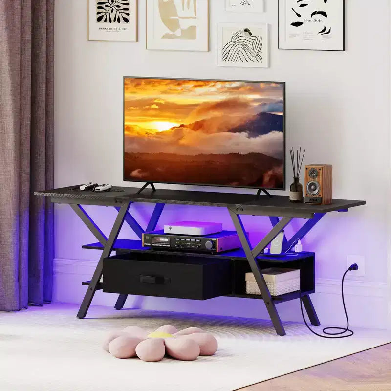 LED Işıklı ve Prizli 3 Katlı TV Sehpası, 65" TV'ler için, Uzaktan Kumandalı, Siyah/Kahverengi