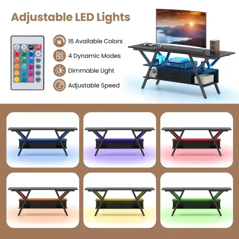 Mobile Porta TV a 3 Ripiani con Luci LED e Prese di Corrente per TV da 65", Telecomando, Nero/Marrone