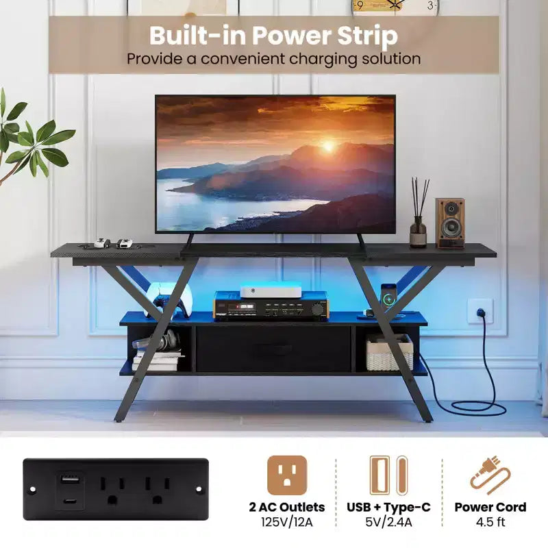 Mobile Porta TV a 3 Ripiani con Luci LED e Prese di Corrente per TV da 65", Telecomando, Nero/Marrone