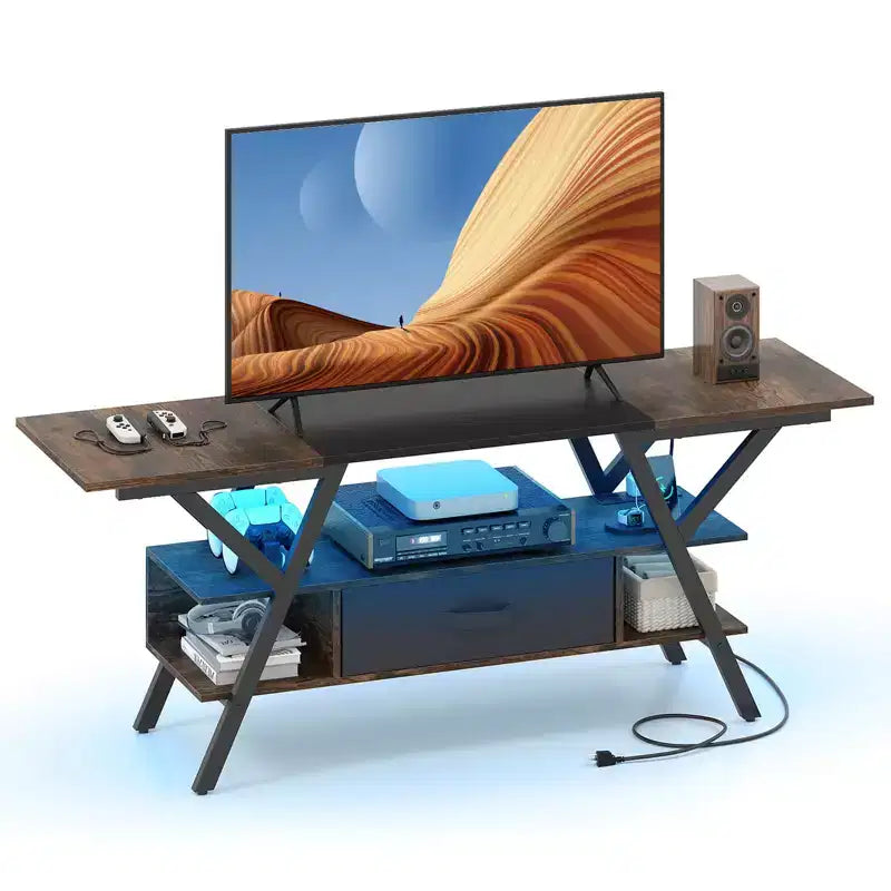 LED Işıklı ve Prizli 3 Katlı TV Sehpası, 65" TV'ler için, Uzaktan Kumandalı, Siyah/Kahverengi