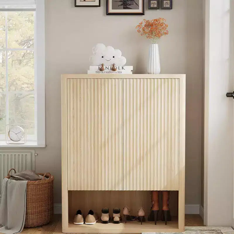 Fluted Shoe Storage Cabinet 44.5", 5-Tier with Adjustable Shelves and Open Shelf, Natural Oak