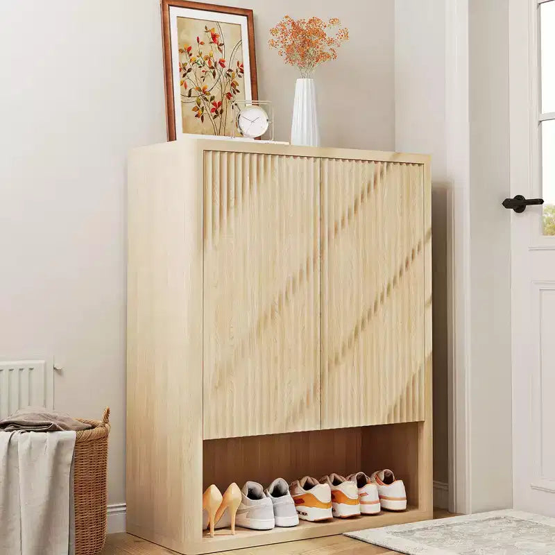 Fluted Shoe Storage Cabinet 44.5", 5-Tier with Adjustable Shelves and Open Shelf, Natural Oak