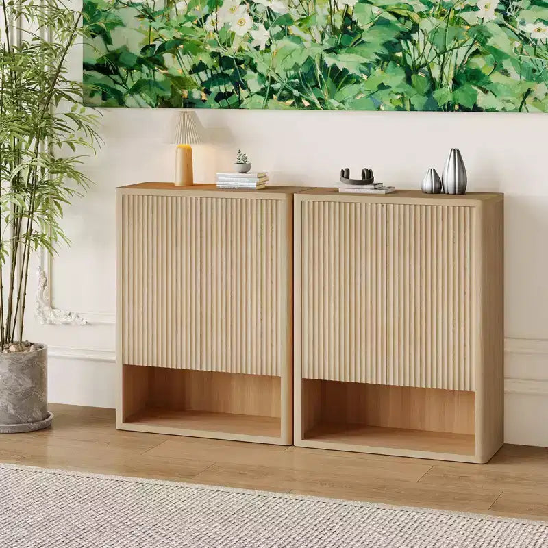 Fluted Shoe Storage Cabinet 44.5", 5-Tier with Adjustable Shelves and Open Shelf, Natural Oak