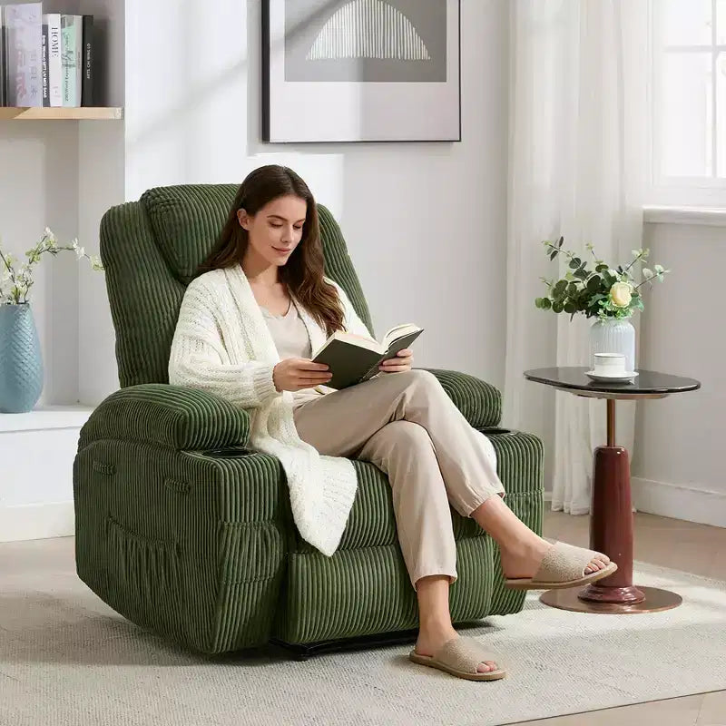 Power Recliner Chair with 8-Point Massage, USB Charging, Corduroy Fabric, Storage Pockets for Living Room