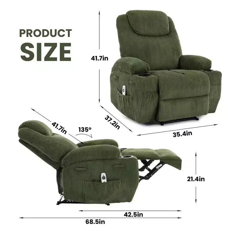 Power Recliner Chair with 8-Point Massage, USB Charging, Corduroy Fabric, Storage Pockets for Living Room