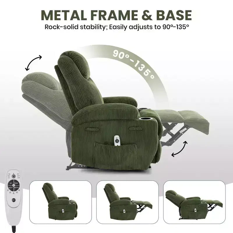 Power Recliner Chair with 8-Point Massage, USB Charging, Corduroy Fabric, Storage Pockets for Living Room