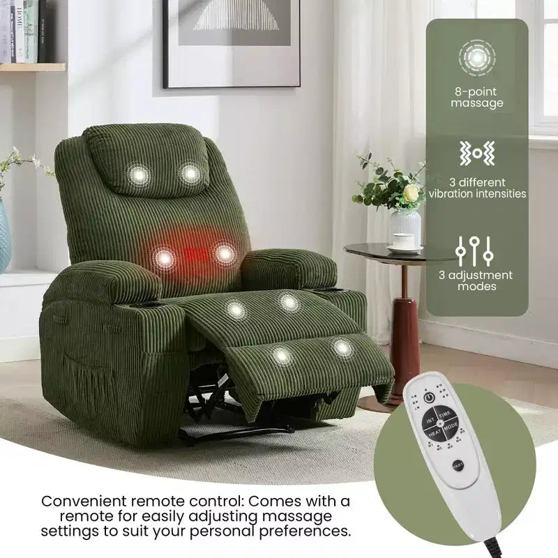 Power Recliner Chair with 8-Point Massage, USB Charging, Corduroy Fabric, Storage Pockets for Living Room