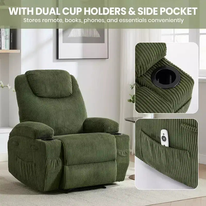 Power Recliner Chair with 8-Point Massage, USB Charging, Corduroy Fabric, Storage Pockets for Living Room